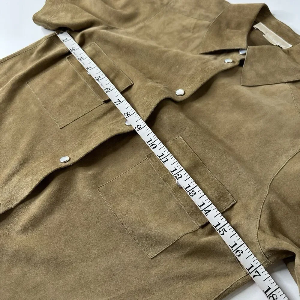 Michael Kors Brown Suede Top Sz S? Pearl‎ Snap Short Sleeve Italy Quiet Luxury